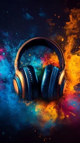 Studio headphones framed by exploding cyan and amber paint.