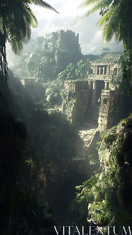 Ancient jungle temple complex rendered in misty photoreal detail