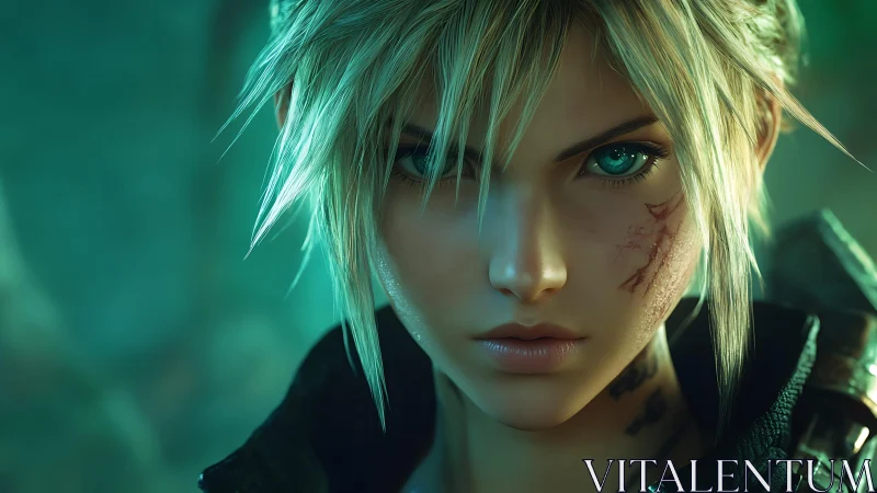 Scarred warrior portrait with teal eyes in soft green light.