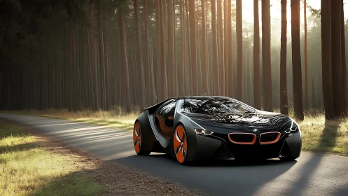 Photorealistic concept coupe on sunlit forest roadway.