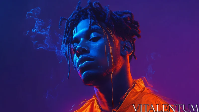 Neon-dual chromatic portrait with volumetric smoke dynamics.