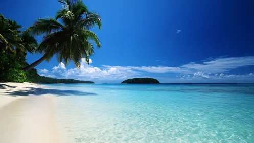 Tropical Paradise: Pristine Beach Embrace Under Infinite Blue Skies