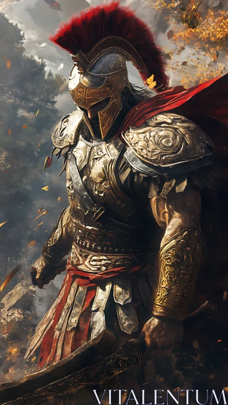 Bronzed war titan strides through embers and swirling leaves