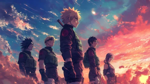 Anime squad silhouettes under vivid sunset sky horizon.