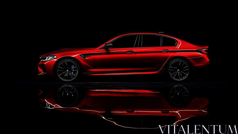 Sleek red sports sedan glides through dramatic studio light