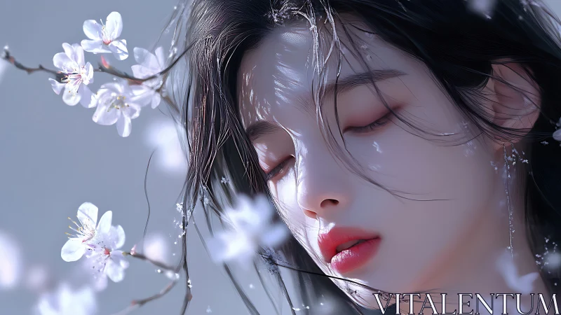 Female face with closed eyes framed by pale blossom branches