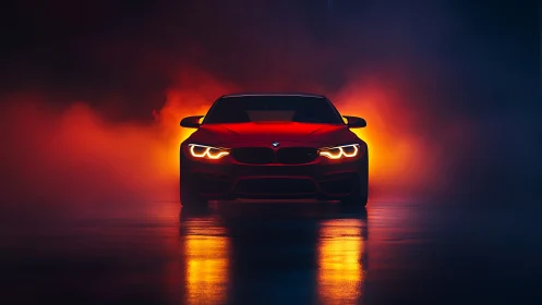 Red sports car emerges through neon fog in dramatic darkness