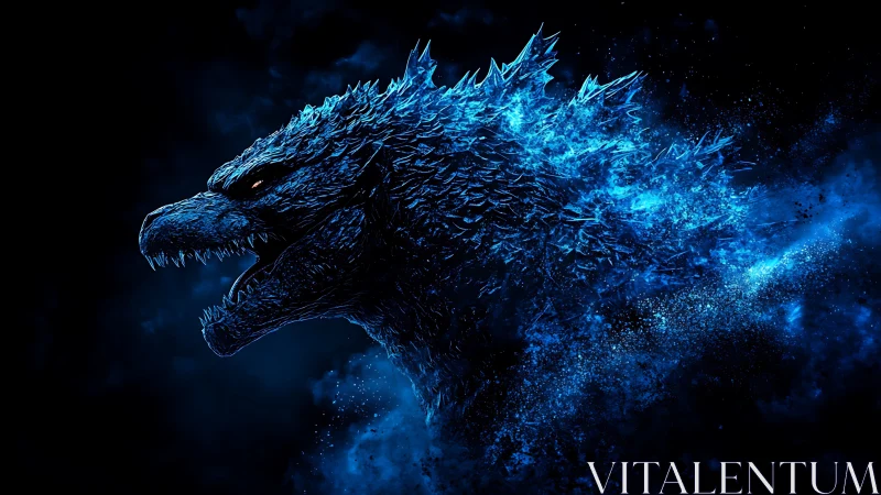 Glowing blue sea monster roaring in a storm of cosmic light.