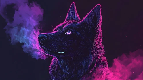 Neon outlined dog profile with colored vapor clouds.