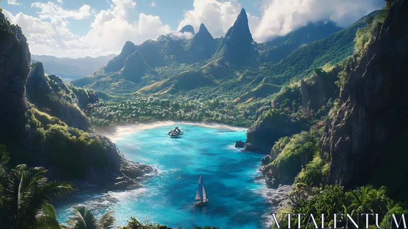 Tropical Lagoon with Limestone Peaks and Sailboats.