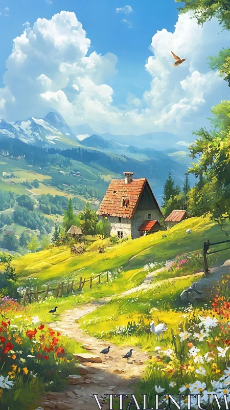 Sunlit alpine cottage within chromatic pastoral ecosystem.