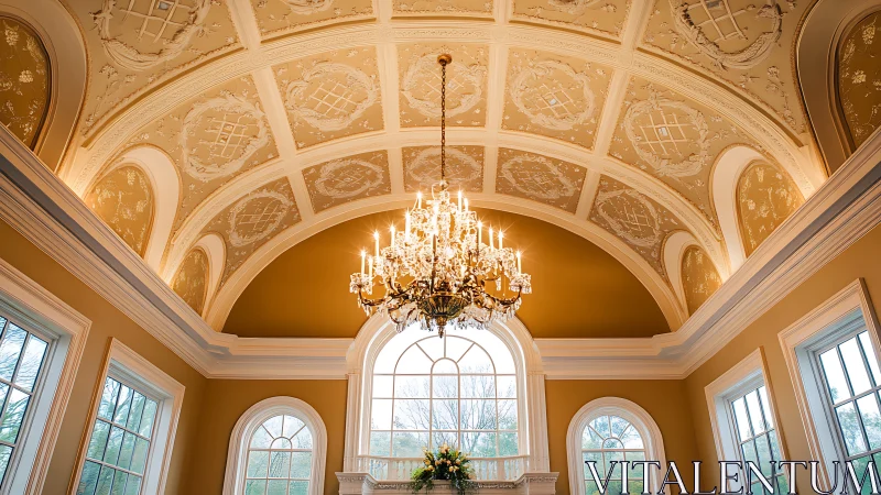 Interior view shows ornate vaulted ceiling and chandelier