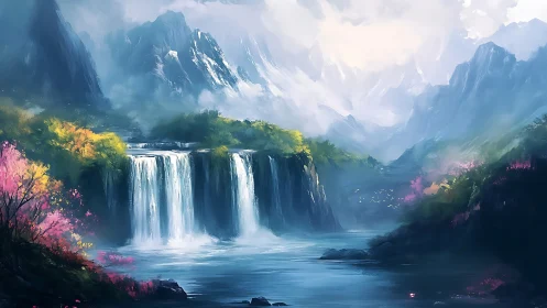 Dreamy mountain waterfalls wrapped in soft morning light.