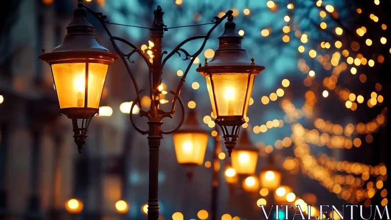 Warm street lantern array with shallow depth of field and bokeh contrast