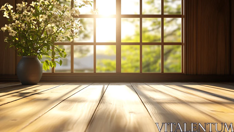 Sunlit wooden interior with vase of white blossoms by window.