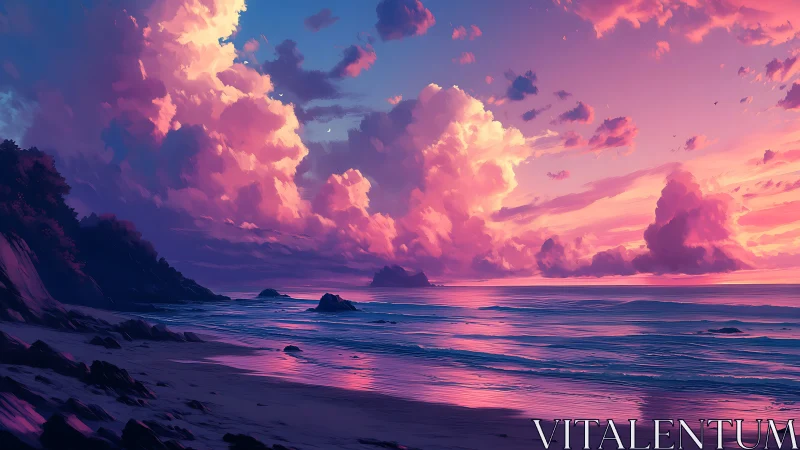 Radiant sunset clouds glow above tranquil neon shoreline.