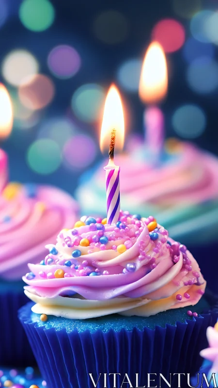 Illuminated Birthday Cupcake with Spiral Candle and Colorful Pearl Embellishments.