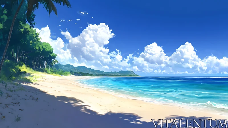 Tropical Paradise Beach with Turquoise Waters and Mountain Vista.