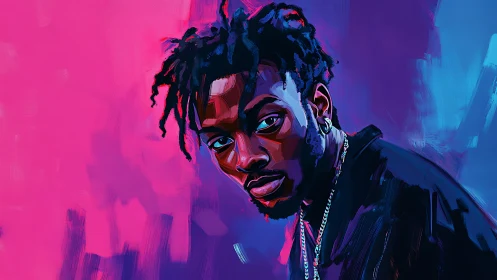 Neon-lit portrait captures confident gaze in bold strokes.