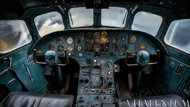 Vintage airplane cockpit glowing with gauges and mystery.