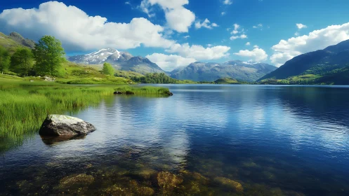 Mountain lake with grassy shoreline and distant snow peaks.