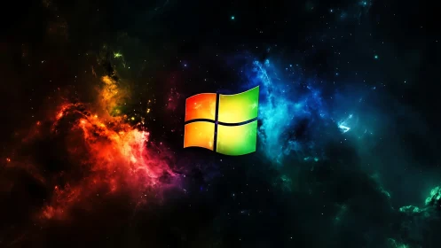 Multicolor quadrants logo suspended in high-contrast nebula field