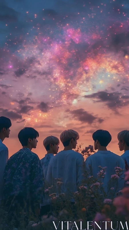 Group of figures viewing colorful star field at dusk sky.