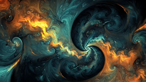 Dual spiral fractal vortex renders turbulent teal and amber flows