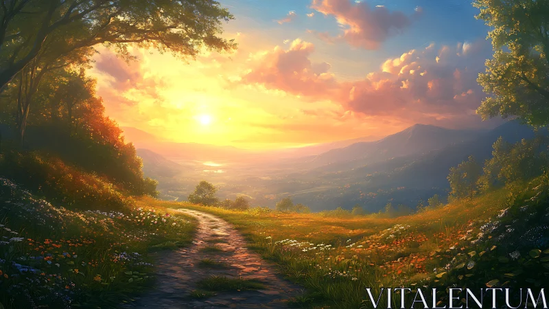 Digital painting landscape with sunlit valley perspective path.