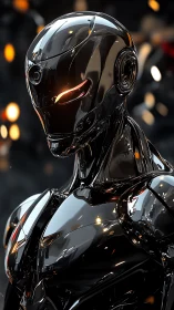 Chrome-plated humanoid robot glows with molten orange lights.