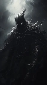 Dark spectral figure with glowing eyes in stormy void