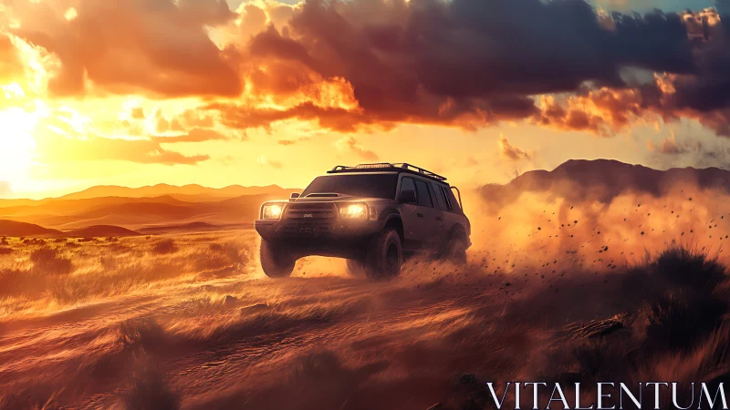 Off-road SUV powers through blazing sunset desert dust