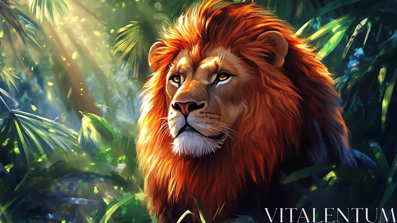 Regal lion in sunlit jungle with luminous amber mane.