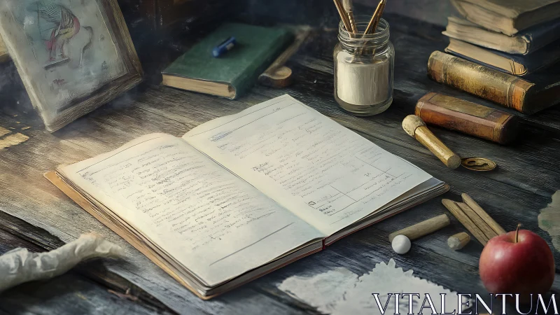 Vintage wooden desk with open handwritten journal and tools