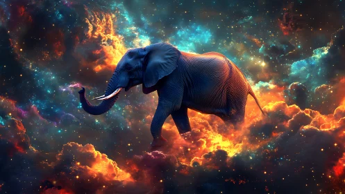 Elephant rendered within colorful cosmic nebula clouds.