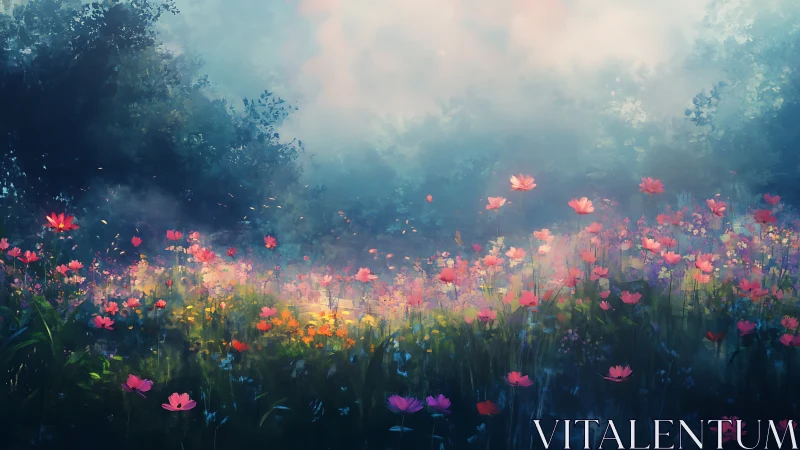 Crimson Cosmos Blooming Through Ethereal Mist.