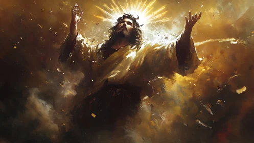 Rising figure blazes upward through storm-lit golden clouds