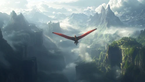 Red dragon rider soaring above misty fantasy cliffs.