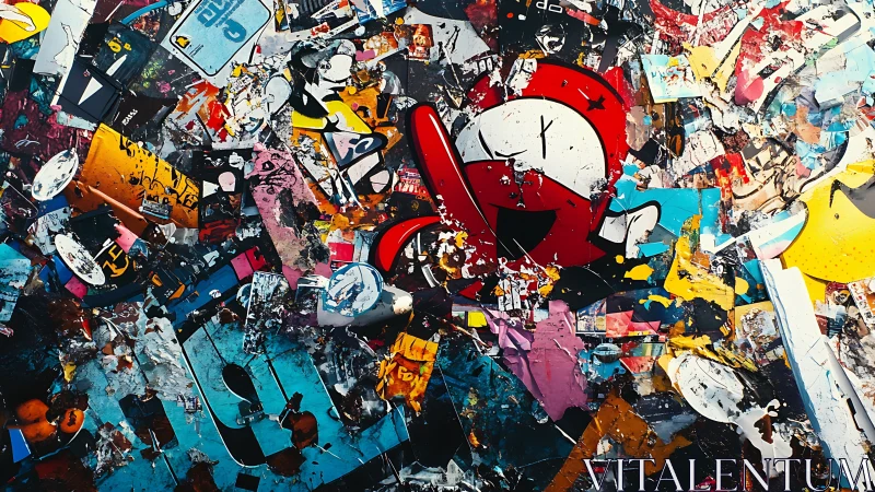 Layered street collage with distressed pop graffiti forms.