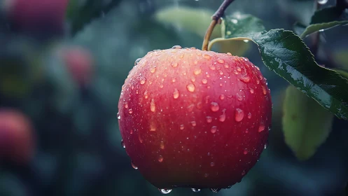 Rain-kissed red apple glowing quietly on the branch.