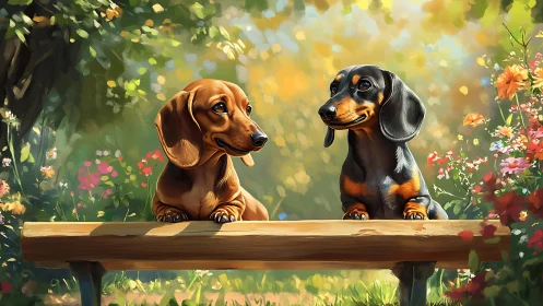 Two dachshunds on wooden bench in sunlit floral garden