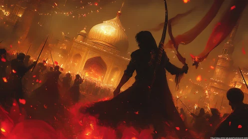 Sword-bearing figure before illuminated domed palace at night.