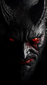 Moody horned figure with glowing red gaze in deep shadow.