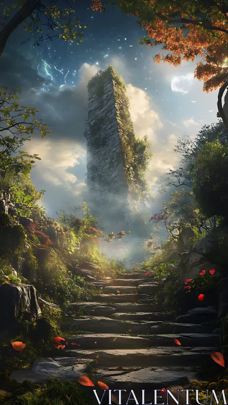 Ancient mossy tower rises over luminous forest path.
