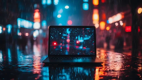 Laptop glows in neon city rain, merging tech with night streets
