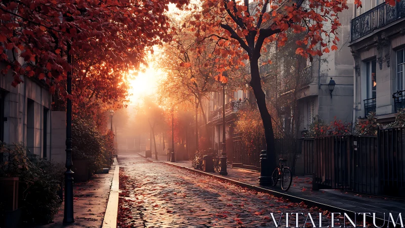 Golden dusk tiptoes down a quiet cobblestone autumn lane