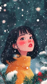 Young woman in snow wearing yellow turtleneck sweater.