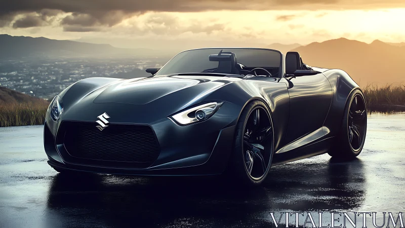 Low-slung metallic roadster on wet asphalt at sunset