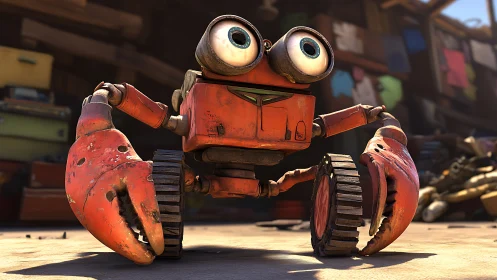 Cartoon crab-like robot with claws in junkyard scene.