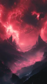 Crimson alien canyon under swirling cosmic storm sky.